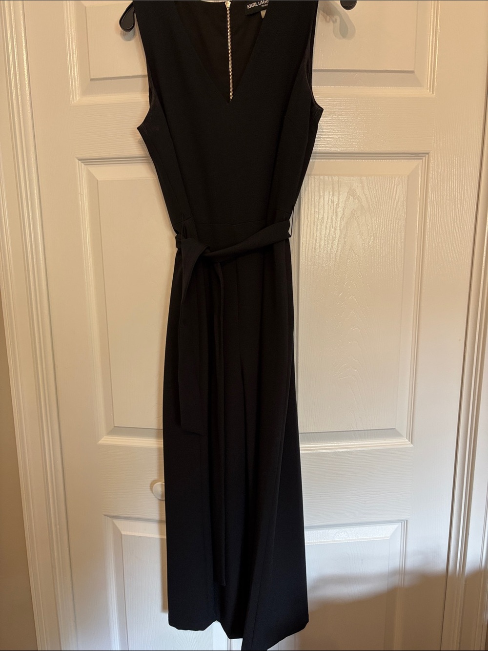 Karl Lagerfeld Black V-Neck Sleeveless Belted Wide Leg Jumpsuit